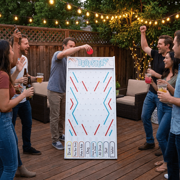 Dropster Plinko style prize drop game set up at a backyard party with adults playing