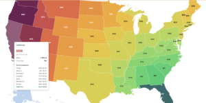 Interactive map showing gas cost to drive from Florida to every state in the US, color coded from green to red by cost