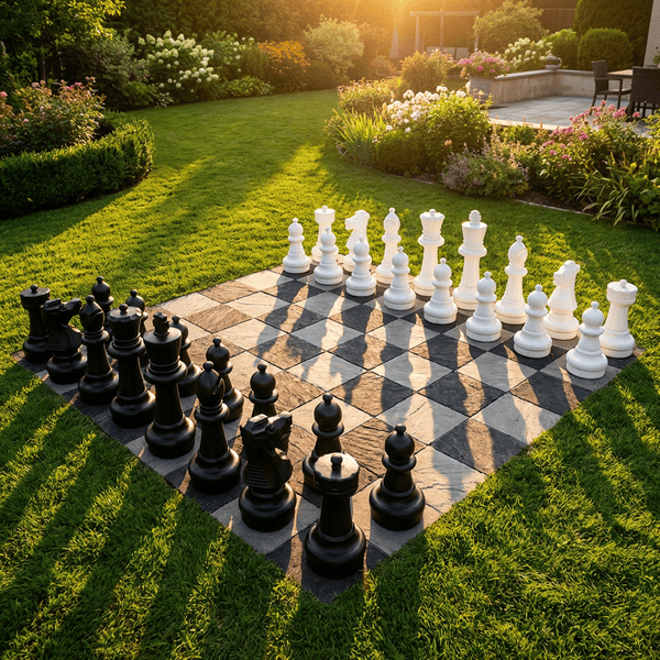 Giant outdoor chess set with oversized black and white pieces on a backyard lawn at golden hour