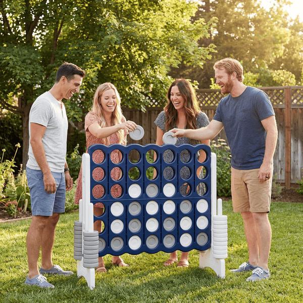 Giant Connect 4 yard game with four adults laughing and playing in a sunny backyard