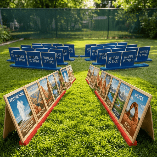 Giant DIY Guess Where game with local landmark cards set up on a backyard lawn for Airbnb guests