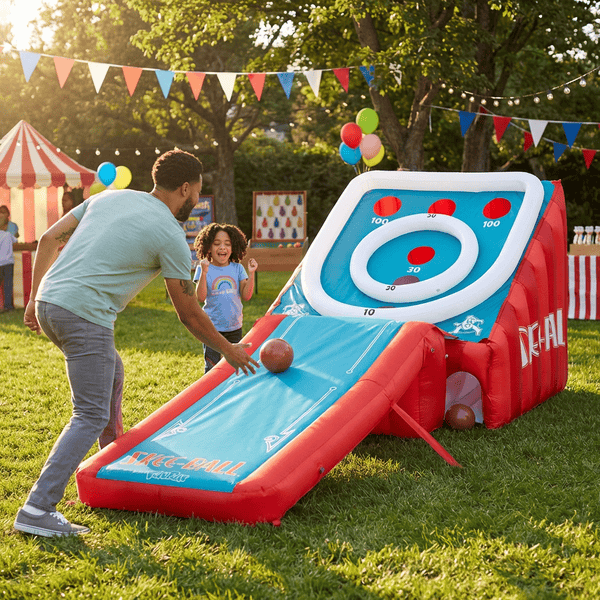 Giant inflatable Skee-Ball carnival game set up on a sunny backyard lawn at a vacation rental