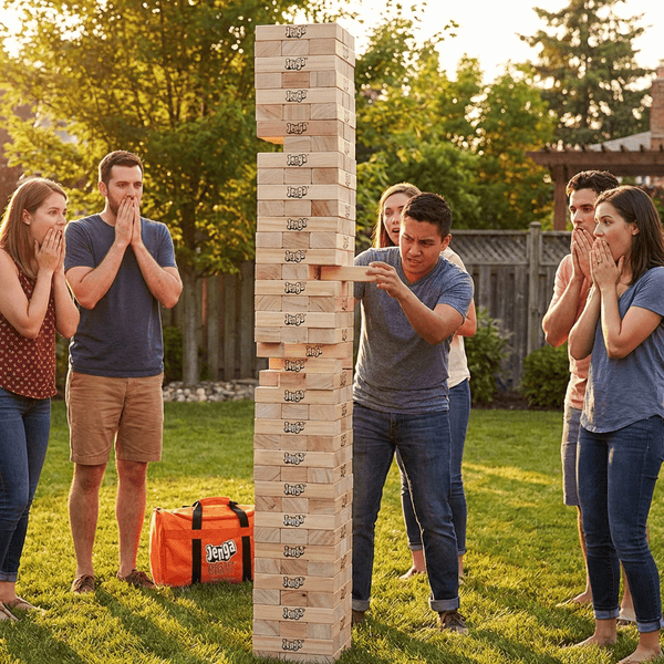 Giant Jenga tower stacked tall in a backyard with adults gathered around holding their breath