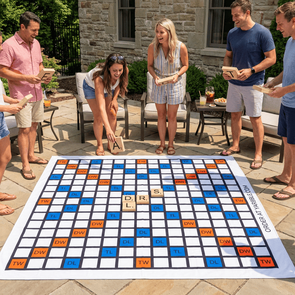 Giant Scrabble game laid out on a patio with oversized wooden letter tiles and adults playing