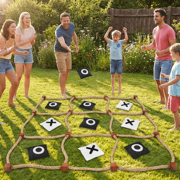 Giant rope tic tac toe game laid out on a sunny backyard lawn with black and white bean bags