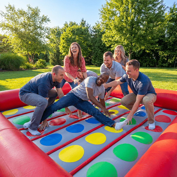 Giant inflatable Twister game with colorful dots on a backyard lawn full of laughing adults