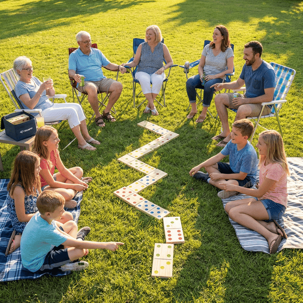 Giant wooden dominoes with colorful dots spread out on grass at a backyard gathering