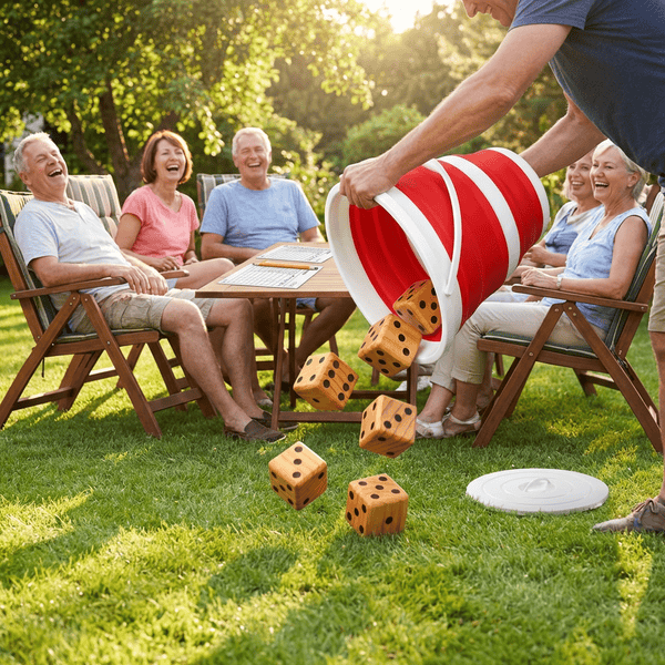 Giant wooden Yahtzee dice being rolled across the grass at a backyard gathering