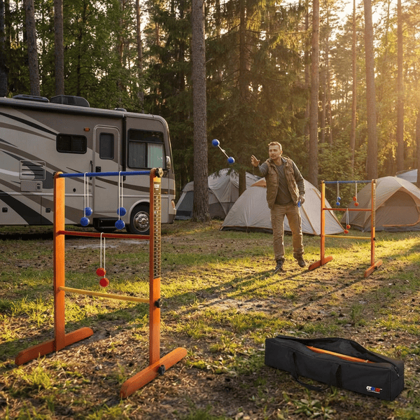 Wooden ladder ball game set up on a sunny backyard lawn with red and blue bolas wrapped around the rungs