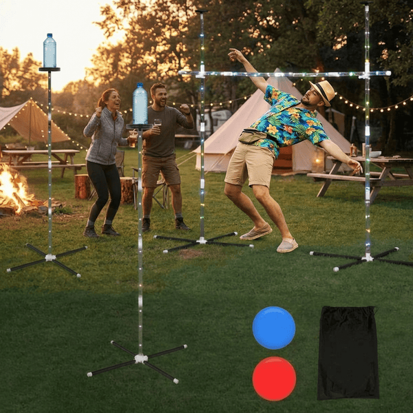 LED light up limbo game set up on a backyard lawn at dusk with colorful lights