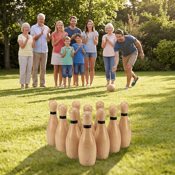 Wooden lawn bowling set with ten pins and two balls set up on a sunny backyard lawn