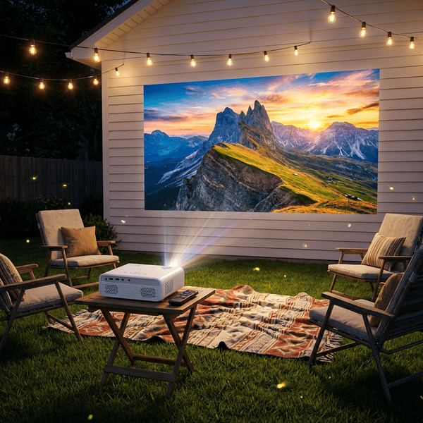 Outdoor movie night setup with projector casting a movie onto the side of a house in a backyard