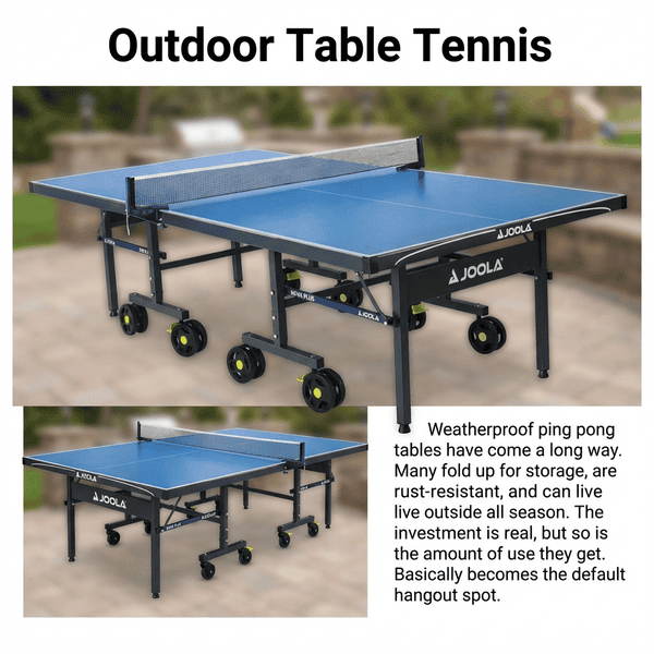 Weatherproof outdoor ping pong table set up on a sunny backyard patio with two adults playing