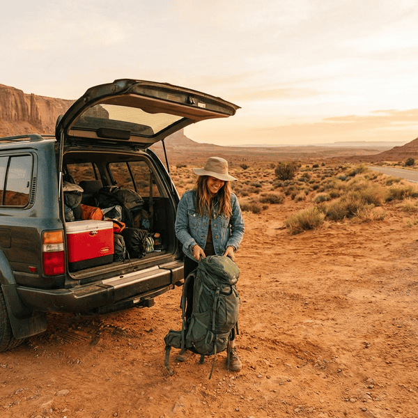 Woman pulling hiking backpack from packed SUV trunk on desert road along Route 66 with wide open Southwest landscape in the background