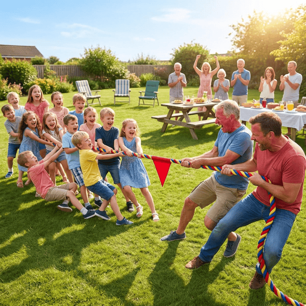 Family reunion tug of war with a group of kids pulling against two adults on a sunny lawn
