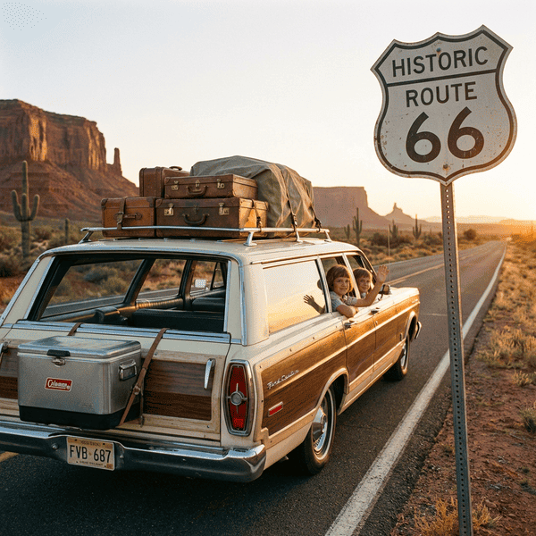 Vintage wood panel station wagon with Coleman cooler and luggage on roof rack parked next to Historic Route 66 sign in the Arizona desert at sunset