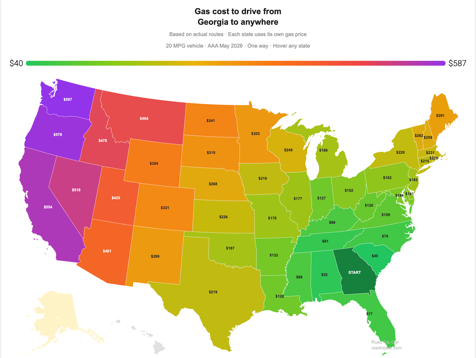 Interactive map showing drive time from Georgia to every state in the US, color coded from blue to red by hours