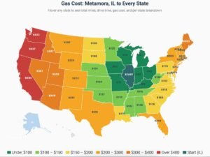 Interactive map showing gas cost to drive from Illinois to every state in the US, color coded from green to red by cost