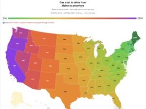Color-coded US map showing the gas cost to drive from Maine to every state, from $46 one way to New Hampshire up to $804 to California, based on a 20 MPG vehicle and May 2026 gas prices