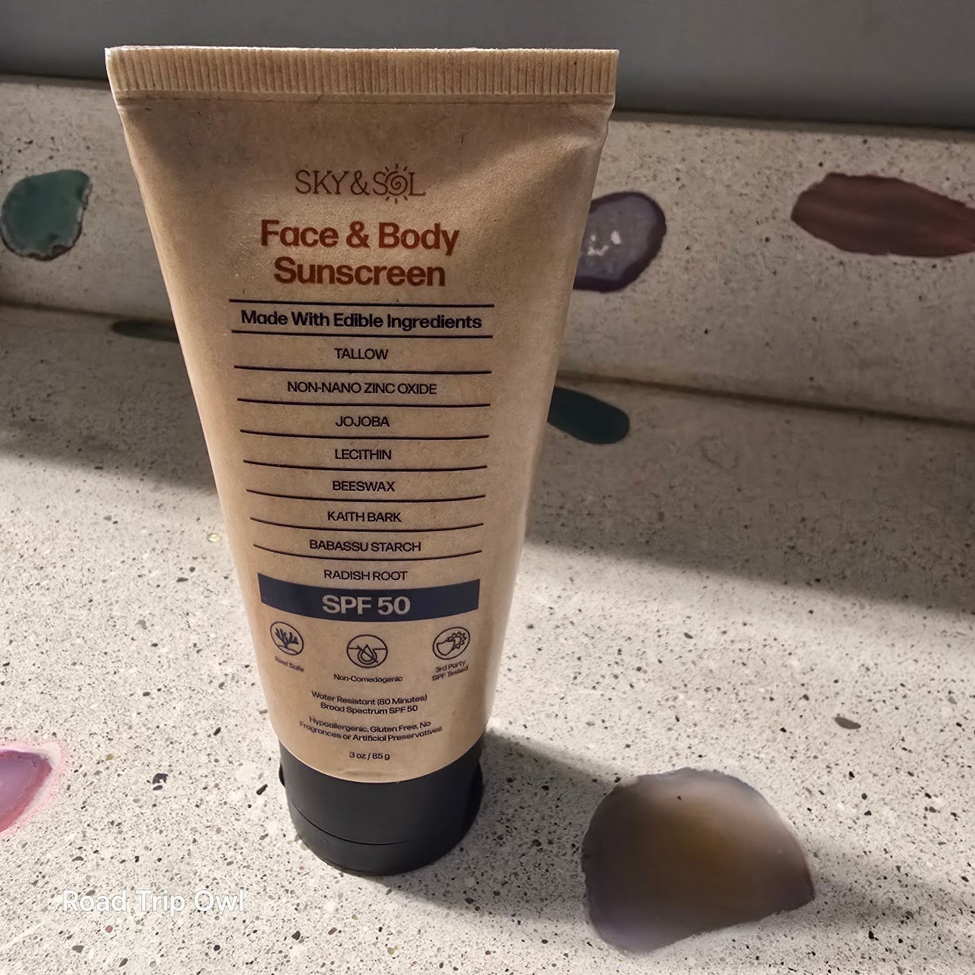 Sky and Sol clean sunscreen SPF 50 with edible ingredient list — tallow, non-nano zinc oxide, jojoba, beeswax, and more