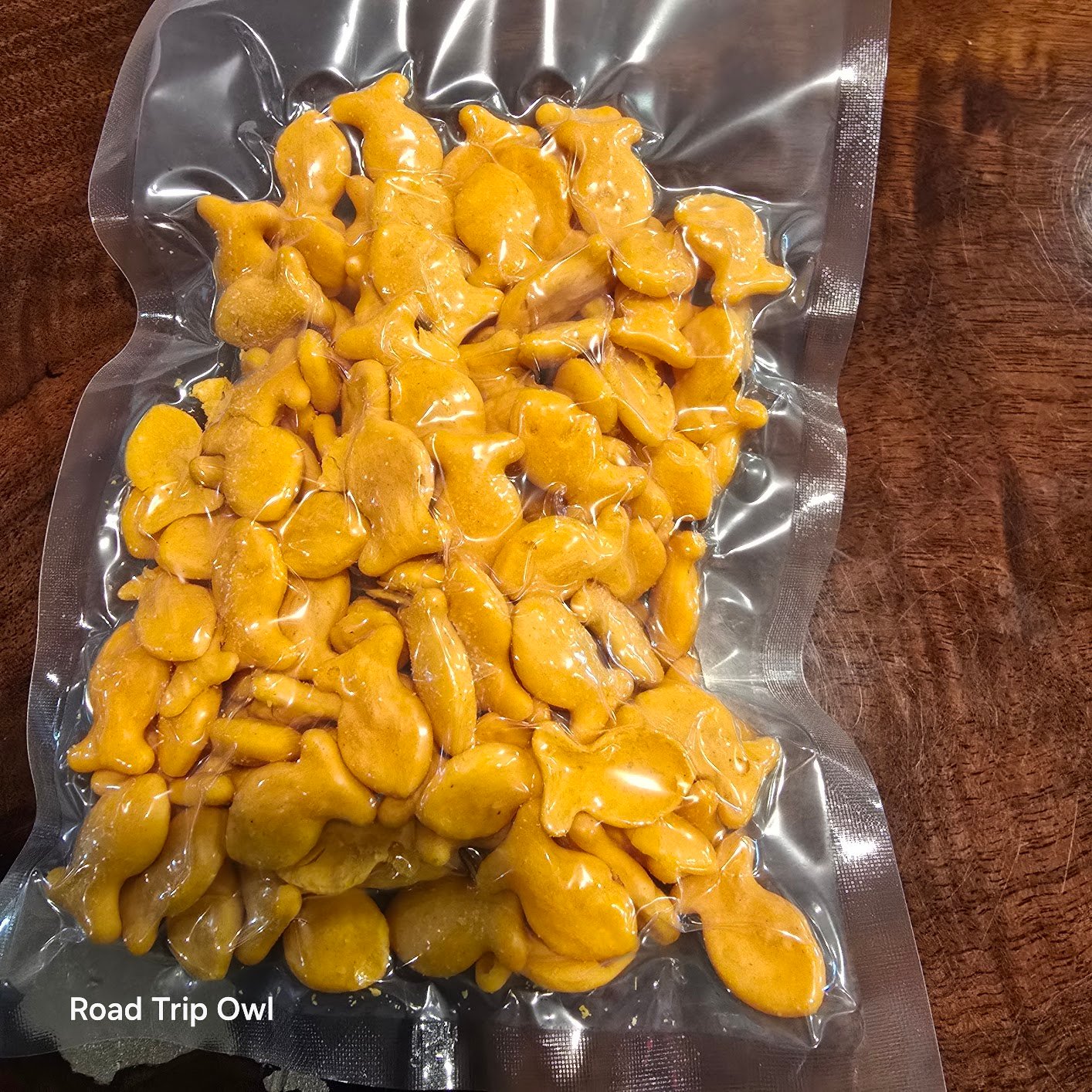 Vacuum sealed Goldfish crackers for road trip snacks