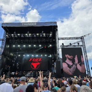 Music festival crowd with hands raised in front of stage