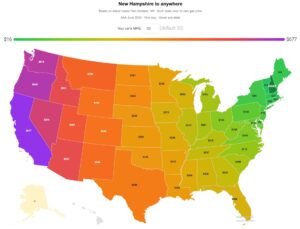 Interactive map showing gas cost to drive from New Hampshire to every US state, color coded green to purple by cost