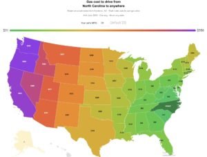 Interactive map showing gas cost to drive from North Carolina to every US state, color coded green to purple by cost