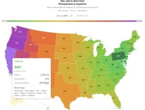 Interactive map showing gas cost to drive from Pennsylvania to every US state, color coded green to purple by cost