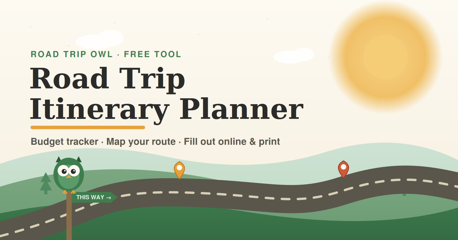 Road Trip Owl free road trip itinerary planner — budget tracker, route map, fill out online and print.