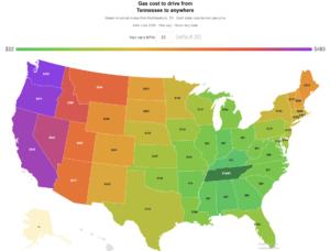 Interactive map showing gas cost to drive from Tennessee to every US state, color coded green to purple by cost