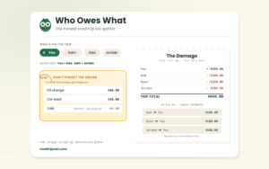 Road Trip Owl trip cost calculator showing the driver's tab and a who-pays-who breakdown