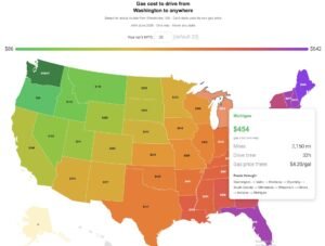 Interactive map showing gas cost to drive from Washington to every US state, color coded green to purple by cost