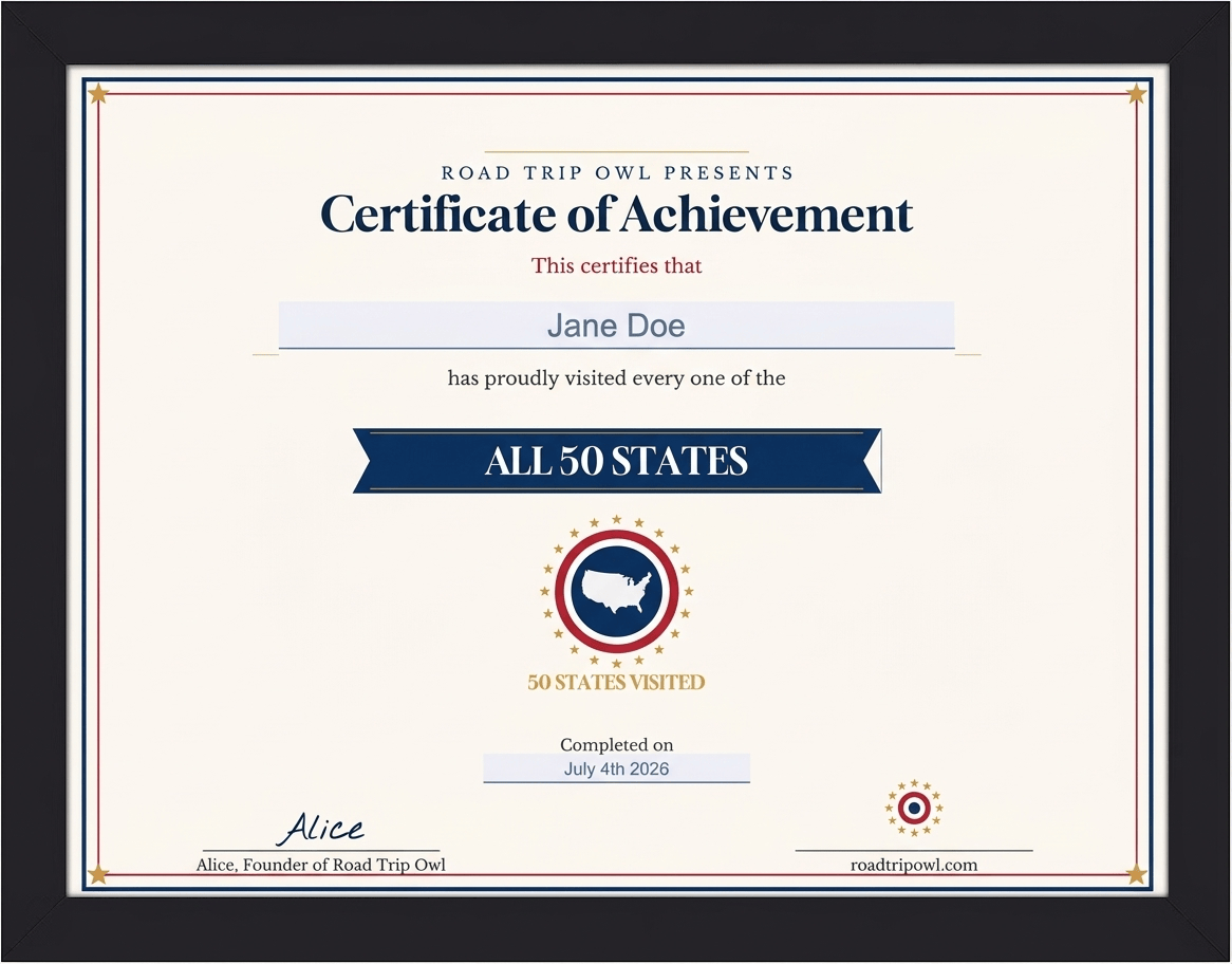 visit all 50 states certificate name and date