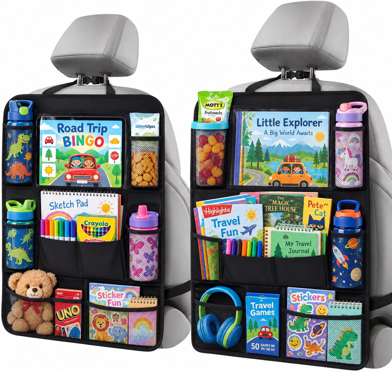 Two backseat car organizers hanging on front seats, with a road trip bingo card in the clear top pocket and water bottles, snacks, markers, and books in the side pockets
