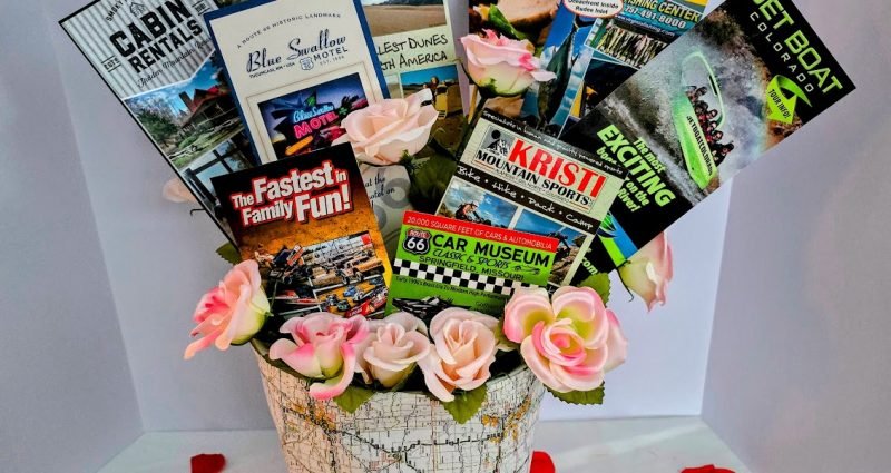 bouquet of travel brochures