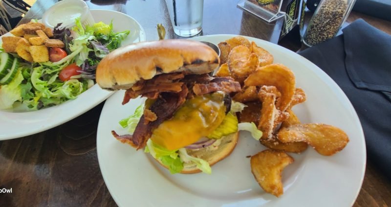 cheeseburger fries and salad with cloth napkin
