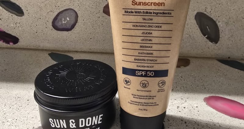 Sky and Sol clean sunscreen and Pilotfish Sun & Done after-sun skin care displayed side by side