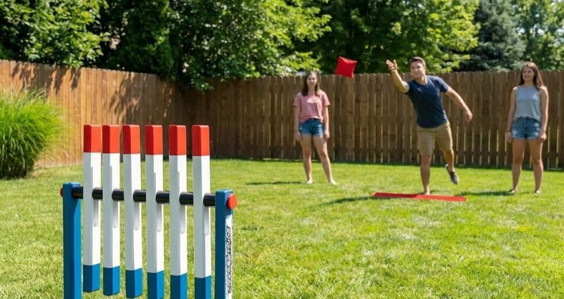 Cross Strike rotating plank bean bag toss game in backyard with person throwing red bean bag from distance at blue and white target frame