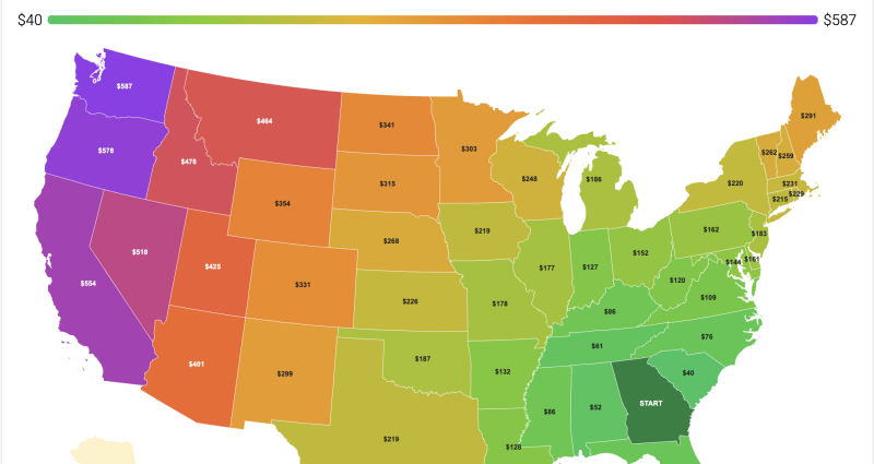 Interactive map showing drive time from Georgia to every state in the US, color coded from blue to red by hours