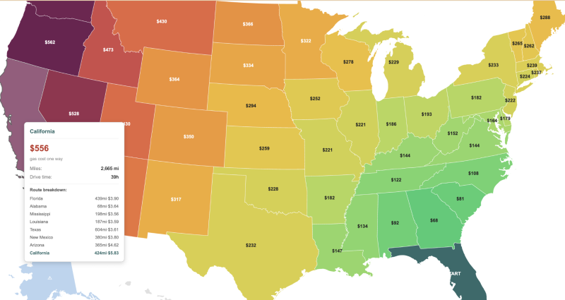 Interactive map showing gas cost to drive from Florida to every state in the US, color coded from green to red by cost