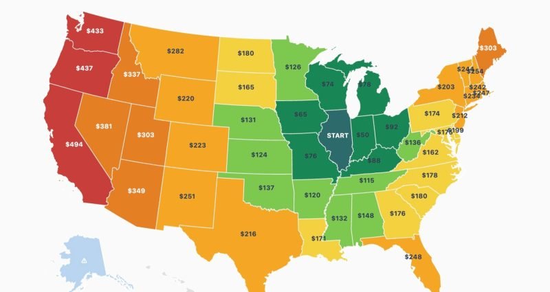 Interactive map showing gas cost to drive from Illinois to every state in the US, color coded from green to red by cost