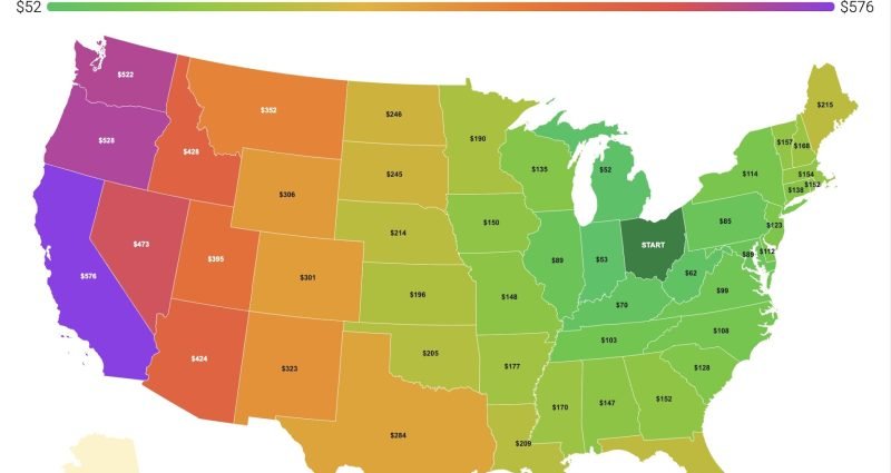 Color-coded US map showing the gas cost to drive from Ohio to every state, from $52 one way to Michigan up to $576 to California, based on a 20 MPG vehicle and May 2026 gas prices