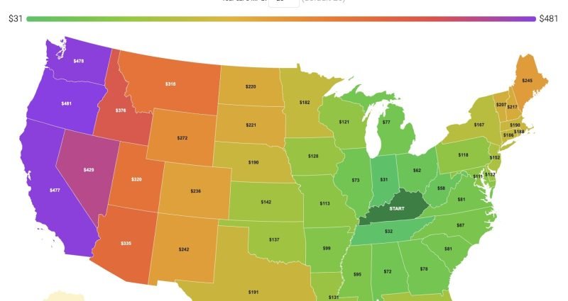 Interactive map showing gas cost to drive from Kentucky to every US state, color coded green to purple by cost