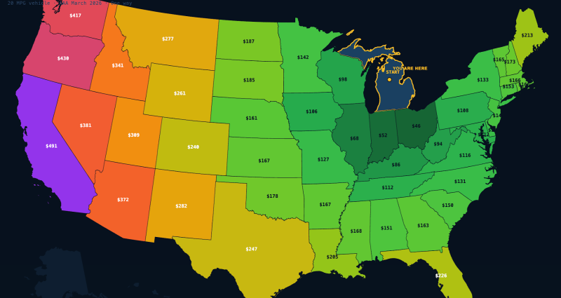 map of the usa of how much gas costs traveling from michigan to each of the 49 states not counting hawaii