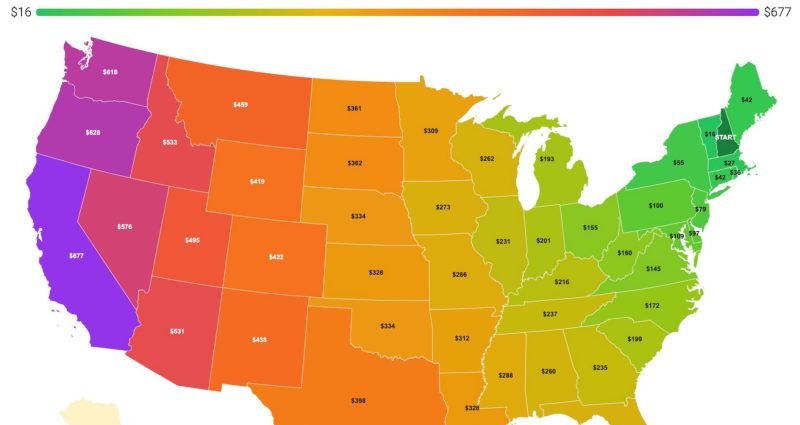 Interactive map showing gas cost to drive from New Hampshire to every US state, color coded green to purple by cost