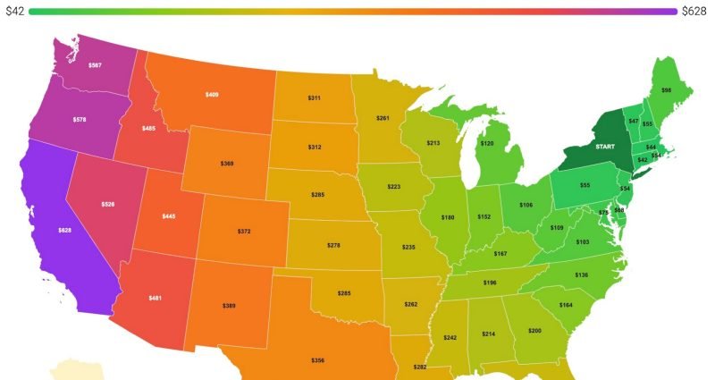 Interactive map showing gas cost to drive from New York to every US state, color coded green to purple by cost