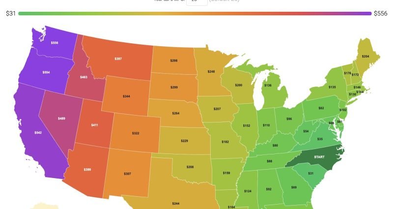 Interactive map showing gas cost to drive from North Carolina to every US state, color coded green to purple by cost