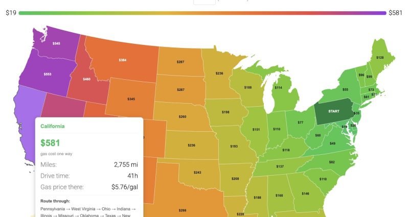 Interactive map showing gas cost to drive from Pennsylvania to every US state, color coded green to purple by cost