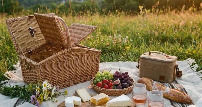 Picnic setup with wicker basket, cheese board, fresh fruit, baguette, and wine on a blanket with scenic mountain view